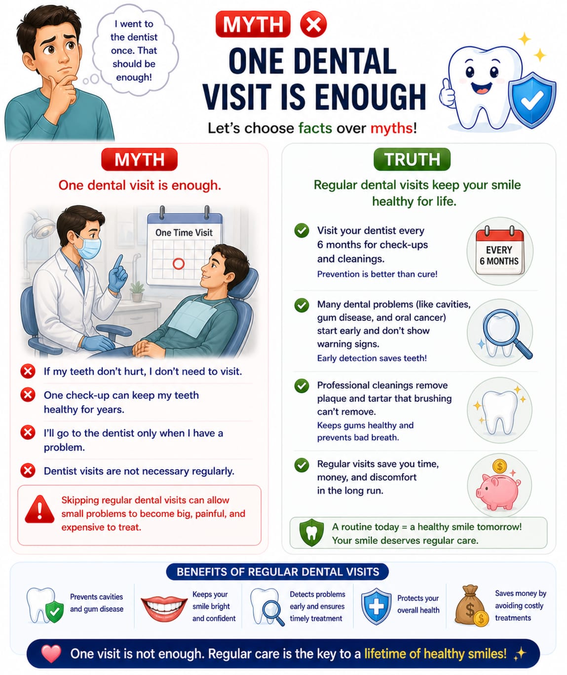 Dental myth and fact poster about regular dental visits